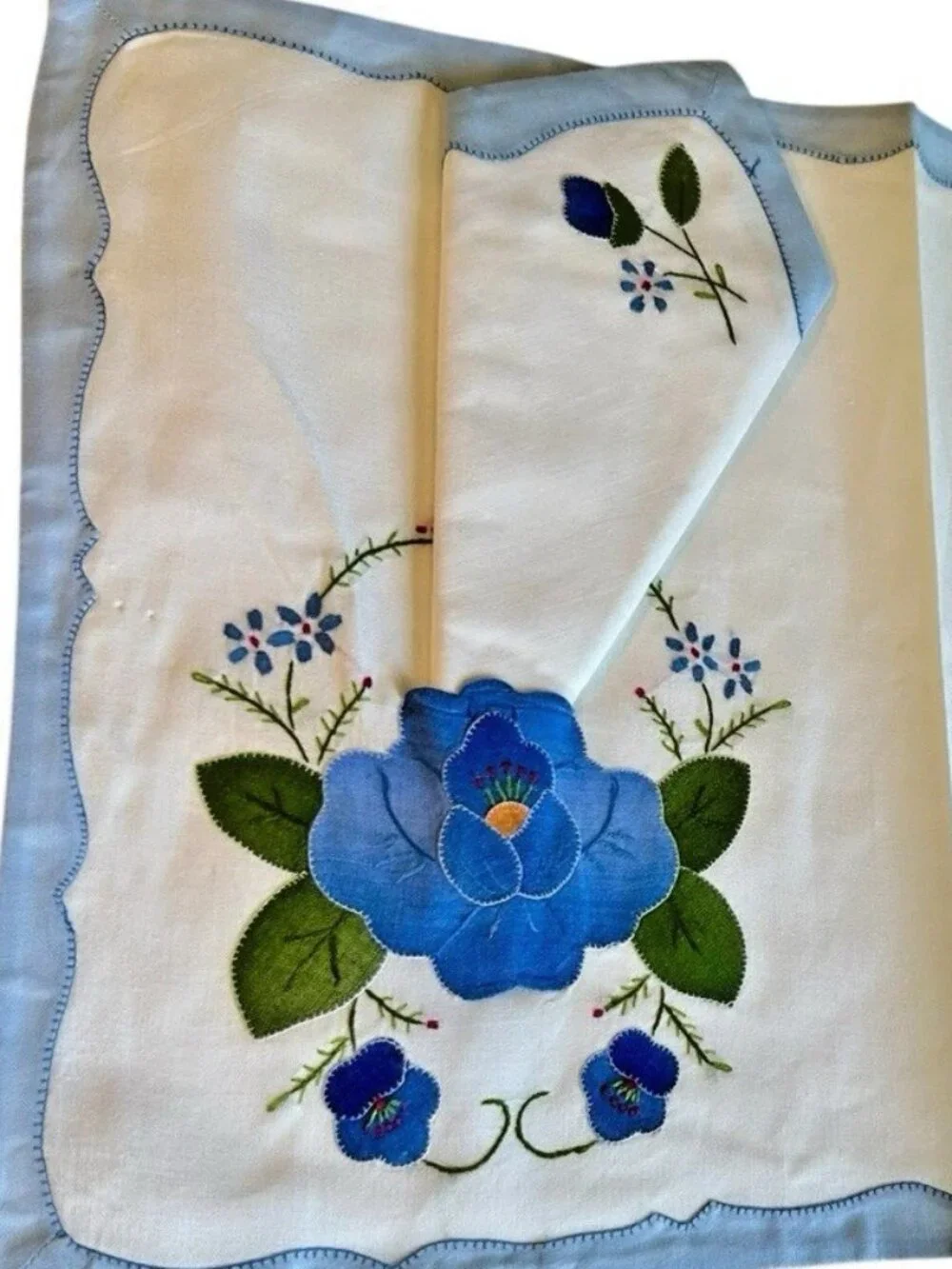 5 Vintage Madeira Applique Placemats w Matching Napkins Cotton NOS Blue White